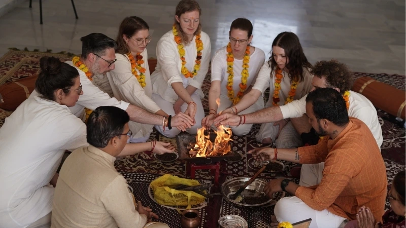 Traditional fire ceremony (Havan) at Atharv Yogshala Himalayan yoga retreat