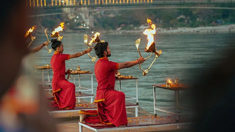 Ganga Aarti ceremony at Rishikesh during Himalayan yoga trek