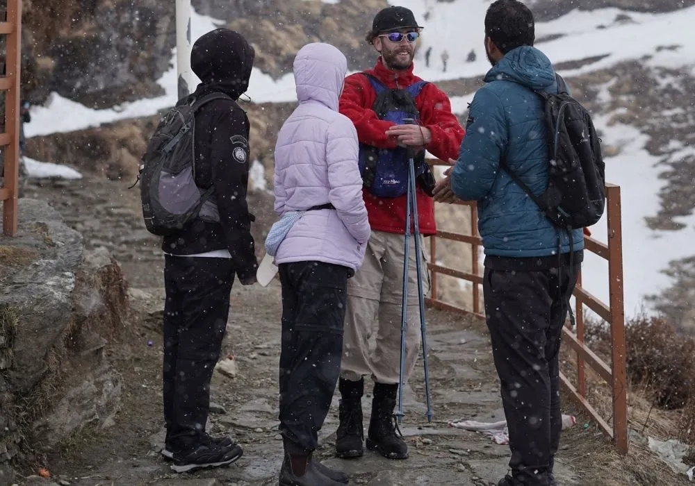 Group of students trekking during Himalayan yoga retreat