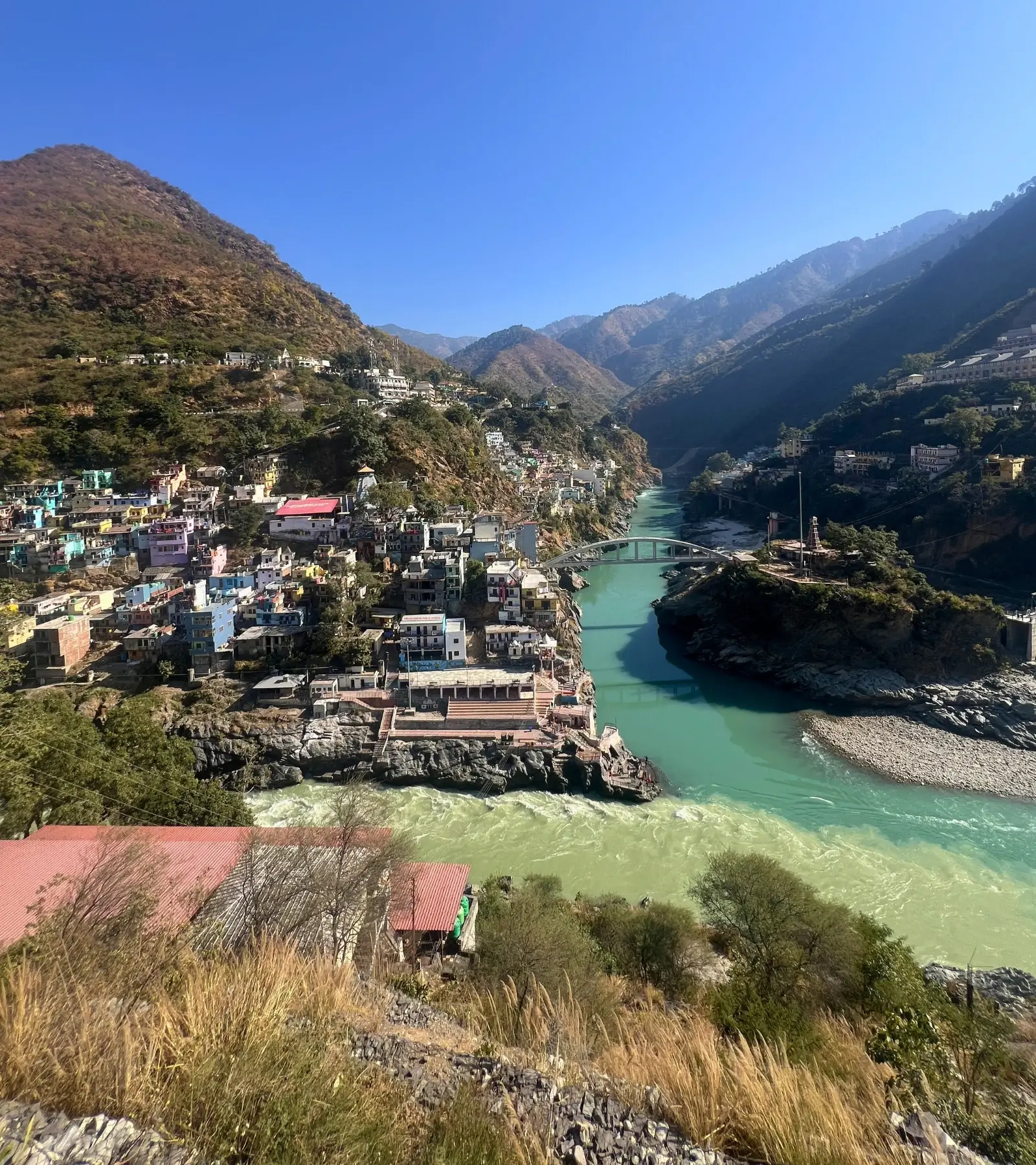 Confluence of Alaknanda and Bhagirathi rivers at Devprayag